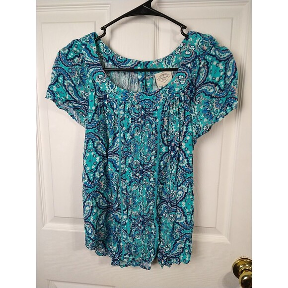 St Johns Bay Woman Pm Blouse Aqua Paisley Pleated Pullover Cap S/S - Picture 1 of 8